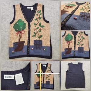 Capacity Sweater Vest Womens Small V Neck Cardigan Knit Trees Plants Vintage 90s
